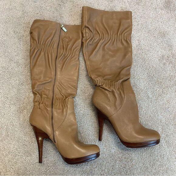 MICHAEL Kors camel brown leather high heel platform slouchy ruched boots Sz 10 - Picture 6 of 13